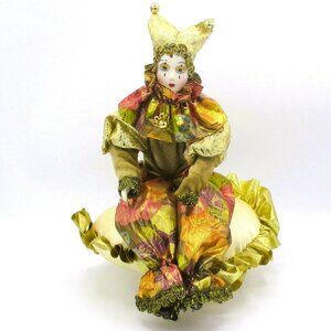 Vtg Porcelain Pierrot Jester Music Box Doll  Gold Revolving Music Box Gold Pink